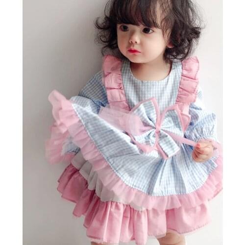Spanish baby Girl Lace stitching Dress Princess long sleeve Bow Party Dress kids bow Lolita Dress