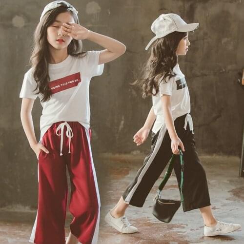 Summer Girls' Clothes Sets Fashionable Letters Short Sleeve + Split Wide Leg Pants Big Kids ChildrenS Clothing Sportswear 4-13Y