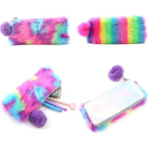 Korean Kawaii Cute Plush School Pencil Case Rainbow Pencilcase for Girls Large Big Pen Bag Stationery Pouch Box Supplies
