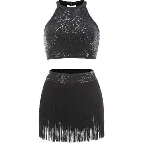 Belly Dance Latin Sequin Halter Top Bra Belt Hip Skirt Set Sexy Party Costume Tassel Temptation Stage Performance Sets