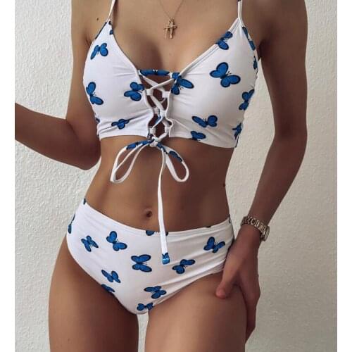 Butterfly Print Swimsuit High Cut Bikinis 2020 Women Swimwear String Bikini Bandage Bathing Suit Summer New