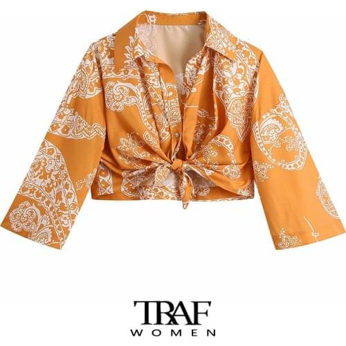 TRAF Za Women Fashion With Knot Printed Crop Blouses Vintage Three Quarter Sleeve Female Shirts Chic Tops