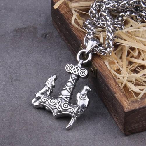 Stainless Steel Vikings jewelry Raven and wolf on viking Thors hammer necklace with wooden box as gift