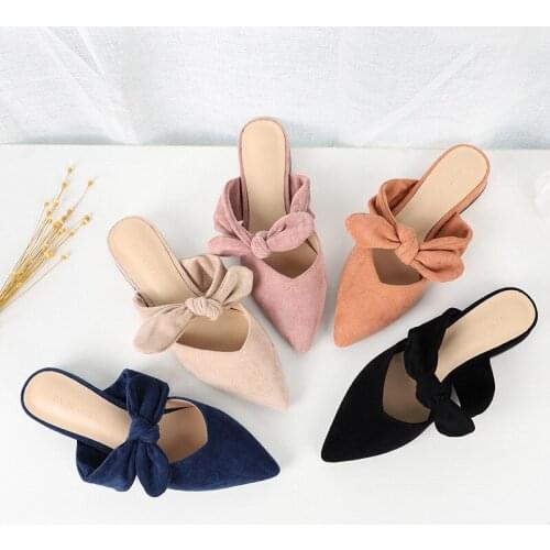 Mules shoes woman big bowknot sandals pointed toe suede/flock slippers women V open gladiator sandalias mujer summer shoes 112