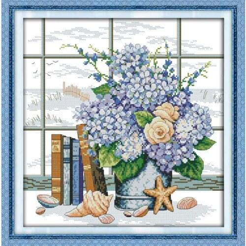 Elegant blue flower pattern cross stitch kit 11CT 14CT canvas printing embroidery set DIY handmade needlework wedding decoration