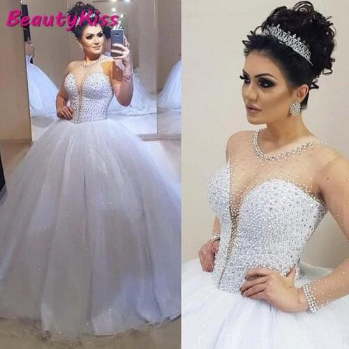 New Arrival Crystal Beads Ball Gown Wedding Dresses 2020 Dubai Saudi Arab Illusion Neck Puffy Tulle Bridal Wedding Gowns