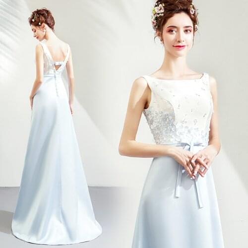 Simple Light Blue A-line Evening Dresses Sleeveless Sweep Train Handmade Flowers Beading Formal Party Dress Robe De Soiree