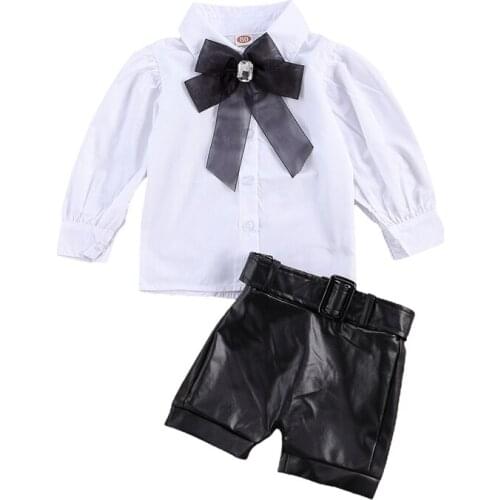 1-6Years Kid Baby Girls Fashion 2Pcs Outfits Long Sleeve Bowknot Tie Shirt PU Leather Shorts Spring Autumn Clothes