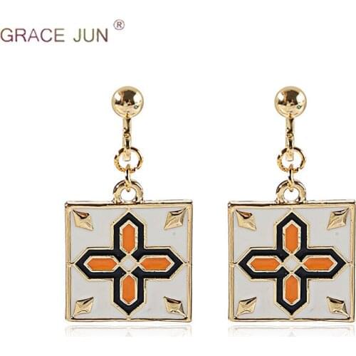GRACE JUN Retro Square Cross Tile Shape Clip on Earrings and Pierced for Women Elegant Jewelry Factory Wholesale Price 2019 New