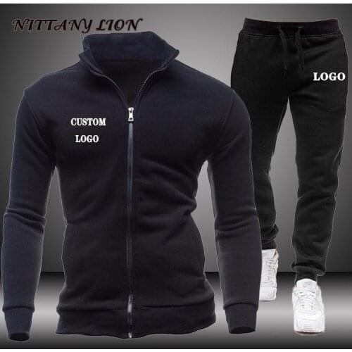 Custom Your Logo Mens Tracksuit Casual Zipper Hoodies Jacket Sportswear+Pants 2 Pieces Set Sweatshirt Sports Suit Male Clothes