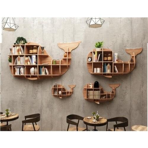 Solid Wood Wall-mounted Rack Partition Storage Shelf Whale Shape Background Wall Cabinet Shelves Store Home Decorations