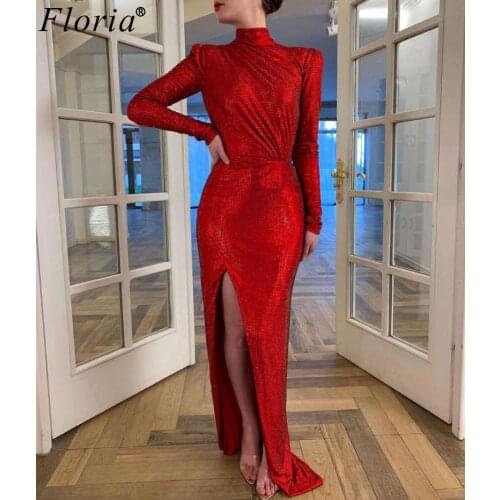 Sukienki Muslim Red Formal Evening Dresses Long Sleeves High Neck Prom Dresses 2020 Arabic Evening Gowns Women Cocktail Dress