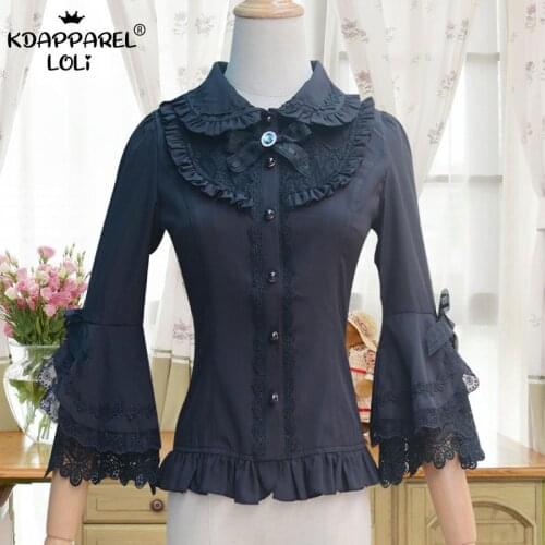 Vintage Womens Shirts Lolita Girls Sweet Blouses Flare Sleeve Ruffle Bow Laces Slim Female Tops Mercerized Cotton Summer Spring