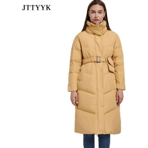 Winter 90% White Duck Down Coat Ladies Stand Collar Long Puffer Jacket Women Casual Loose Thick Parkas Belt Warm Snow Outwear