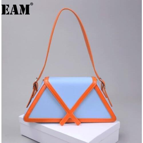 [EAM] Women New Stitching Contrast Trapezoid Handbag PU Leather Flap Personality All-match Shoulder Bag Fashion 2021 18A1955