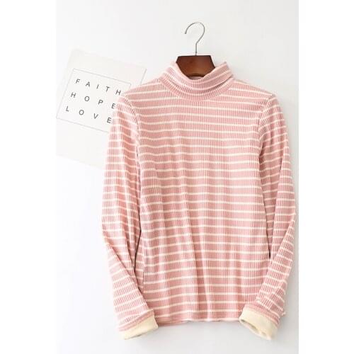 Sanishroly Women Striped T-Shirts Tee Autumn Winter Warm Thick Velvet T Shirt Ladies Long Sleeve Turtleneck T Shirts Tops 228
