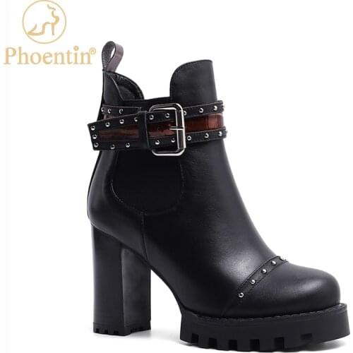 Phoentin rivet booties woman high heel buckle belt motorcycle boots platform 2020 womens shoes leather luxury shoes FT1108