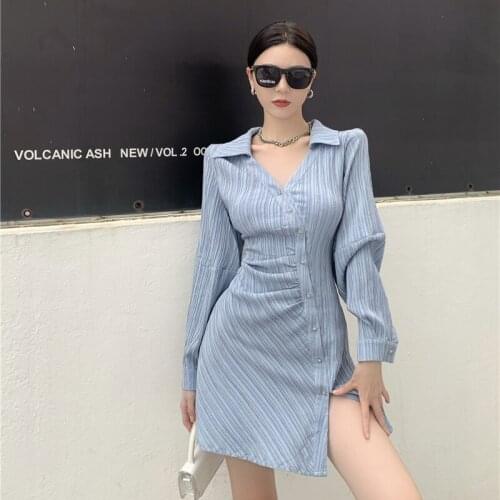 V-neck Blue Striped Mini Dresses for Women Autumn Style Korean Fashion Ladies Dress Button Long Sleeve Female Clothing New