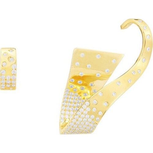 SLJELY Fashion 925 Sterling Silver Yellow Gold Color Asymmetric Curved Earring and Hoop AB Earrings Women Zirconia Fine Jewelry