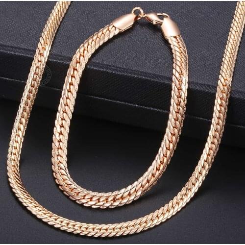 Jewelry Set For Women 585 Rose Gold Bracelet Necklace Set Hammered Herringbone Snake Chain Dropshipping Woman Jewelry 2018 KCS02