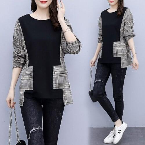 2021 spring plus size streetwear womens round neck plaid pullovers oversize casual womens clothing