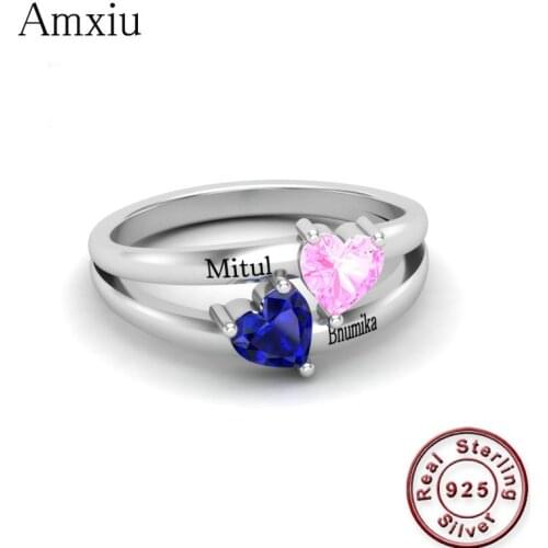 Amxiu Personalized Promise Ring For Her Women Double Birthstones Engagement Rings 925 Sterling Silver Engraved Name Ring Jewelry