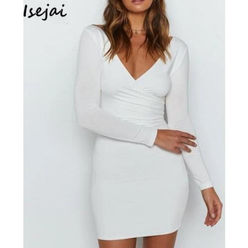 Long Sleeve V Neck Bodycon Dress for Women Spring Autumn Elegant Dresses Womens Sexy Dress 2020 New