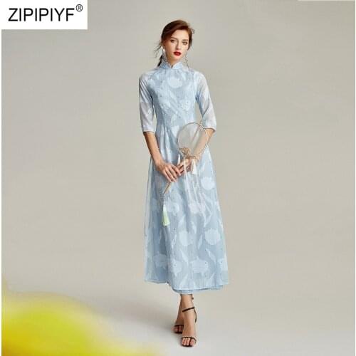 2020 new fashion high quality embroidered dress cheongsam spring vintage elegant mandarin collar three qurter dress YIN20