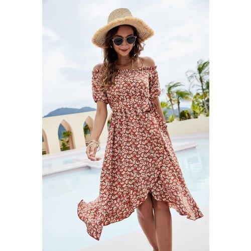 Women Robe Femme Summer Print A-Line Dresses Irregular Slash Neck Short Sleeve Dress For Womens Clothing 2021 Vestido De Mujer