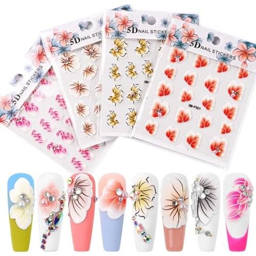 1 Sheet 5D Acrylic Engraved Effect Nail Sticker Embossed Flower Pattern Nail Decals DIY Nail Art Stikcers For Girls Women