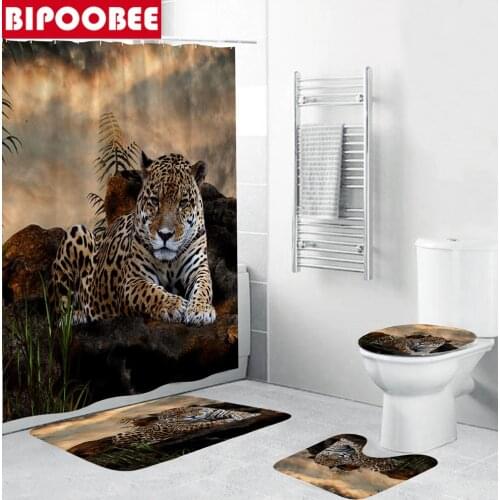 Leopard Animals 3d Shower Curtain Waterproof Polyester Bathroom Curtains Toilet Lid Cover Carpet Bath Rugs Mats Home Decor