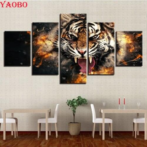 5d diy diamond painting accessoires,5 pcs Roaring Tiger Animal,full square mosaic puzzle picture of rhinestones embroidery beads