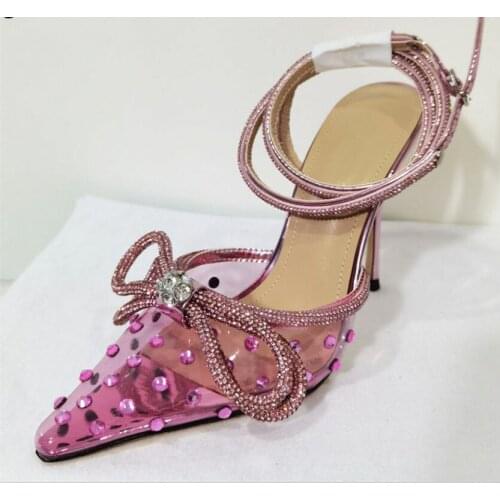 Brand Designer Pointed Toe Fashion Women Silk Rhinstone High Heels Sandals Butterfly Crystal Decor Shallow Dress Party Shoes