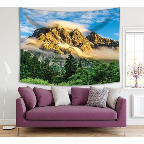 Tapestry Mountain Peaks in Fog Trees Forest Clouds on Sky Nature Scenery Landscape Green Blue