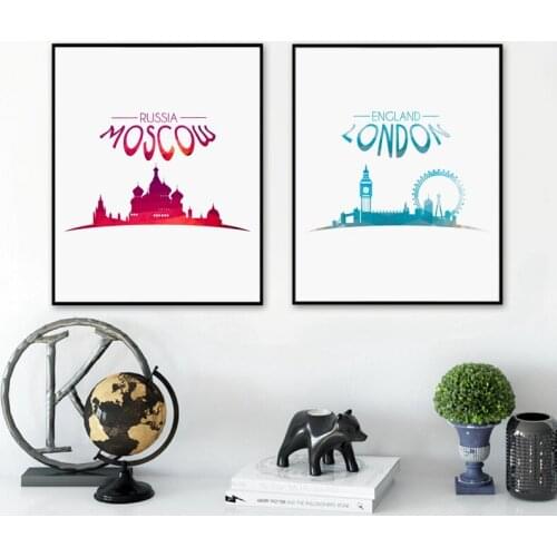 City Landscape MOSCOW LONDON Canvas Art Print Wall Pictures , Watercolor City Art Canvas Painting Home Decoration