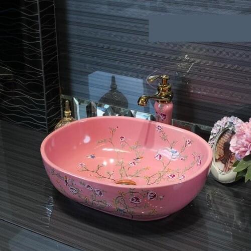 Chinese style hand painted sink art ceramic wash basin decorative bathroom sinks bowl vessel washbasin flower with bird pattern