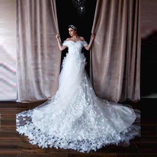 Exquisite Flowers Tulle Bridal Wedding Dresses Off The Shoulder Short Sleeves Butterfly Floral A Line Wedding Gowns Vestido De N