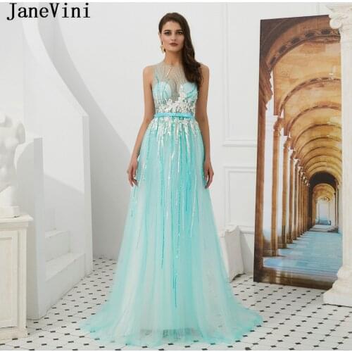 JaneVini Sparkly Sequins Mint Green Long Prom Dresses Luxury Beaded Sheer Back A Line Tulle Evening Dress Women Sexy Party Gowns