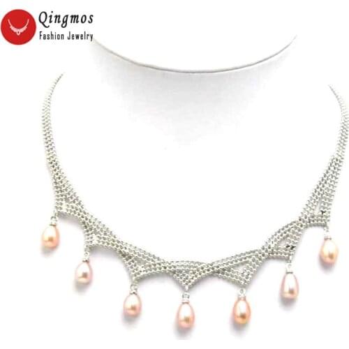 Qingmos Natural 7*8mm Purple Pearl Necklace for Women with 7 Peces Freshwater Drop Pearl Pendant Necklace Chain Chokers 15-17"