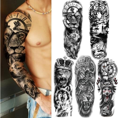Compass Lion Temporary Tattoos Sleeve For Men Women Adult Forest Fake Tiger Tattoo Sticker Black Wolf Tribal Tatoos Kids Boys
