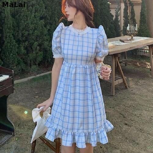 Korea Fashion Plaid Dress For Lady Light Blue Dresses Spring Style Standard Collar Short Sleeve Casual Dresses