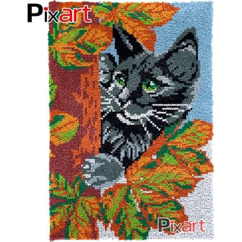 Latch Hook Rug Black Cat Crocheting Wall Tapestry Kits DIY Carpet Rug Chunky Yarn Needlework Knitted Floor Mat Hobby & Crafts
