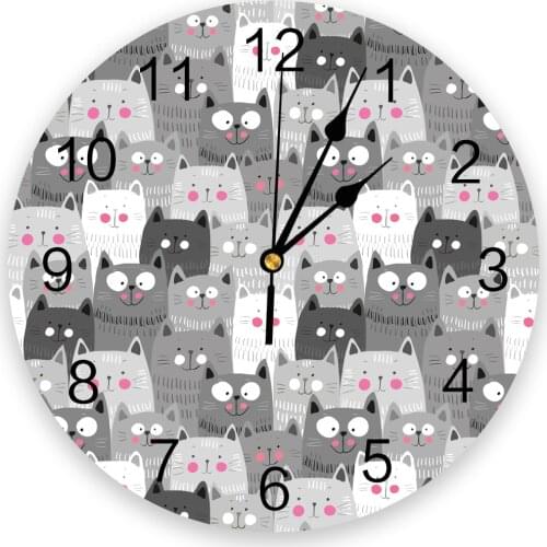 Cartoon Grey Cat Kawaii Round Wall Clock Creative Home Decor Living Room Quartz Needle Wall Clocks Hanging Watch