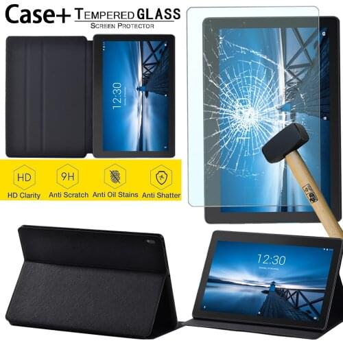 Pure Black PU Leather Tablet Stand Cover Case for Lenovo TAB E10 TB-X104F 10.1 Inch - Tablet Tempered Glass Protective Film+Pen