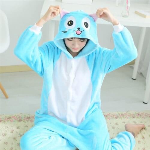 Flannel Adult Cartoon Animal Anime Fairy Tail Happy cat Kigurumi pajamas Lovely Robe Cosplay Lovers Costume