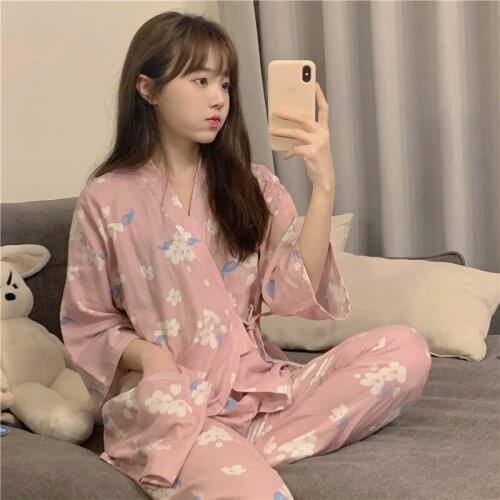 Peach Blossom Print Summer Pajamas Set Women V-Neck Loose Casual Japan kimono Sleepwear Pink Sweet Kawaii Home Clothes