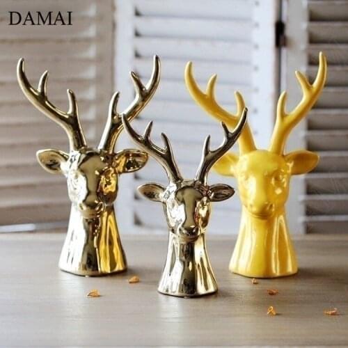 Gilded Deer Head Ceramic Figurine Nordic Creativity Animal Decorative Statue Ornaments Living Room Desktop Sculpture Decorations