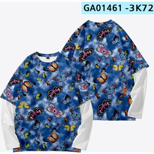 Hip Hop Sweatshirt Men Women Long Sleeve T-shirt Fashion Fake Two Pieces Butterfly Print Sweatshirts For Couple XXS-4XL