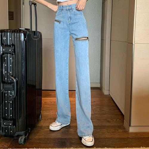 Zippers Loose Korean-Style Ripped Mopping Pants Vintage High-Waist Wide-Leg Jeans ripped jeans women clothes Casual Sexy 810B