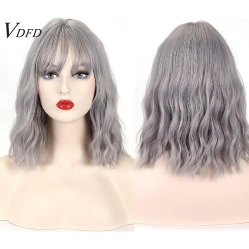 VDFD Ashy Gray Wig with Bangs Synthetic Natural Short Wavy Hair Black Cosplay Curly for Women Daily Use Heat Resistant